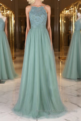 Green tulle lace long Semi Formal Prom Dresses green lace evening Dresses