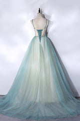 Green Tulle Long A-Line Prom Dress, Green Spaghetti Straps Graduation Dress