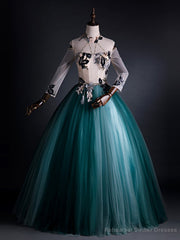 Green Tulle Long Sleeve Backless Appliques Quinceanera Dress
