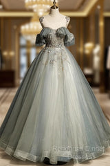 Green Tulle Off Shoulder Ball Gown Beaded Sweet 16 Dress, Green Tulle Formal Dress