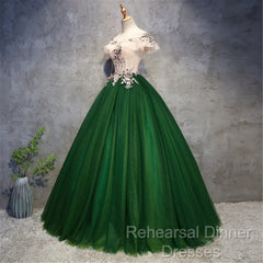 Green Tulle Off Shoulder Long Formal Dress With Lace, Sweet 16 Gown