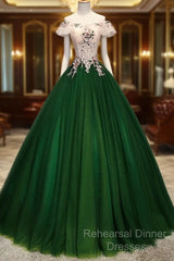 Green Tulle Off Shoulder Long Formal Dress With Lace, Sweet 16 Gown