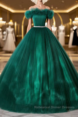 Green tulle off shoulder long Semi Formal Prom Dresses green tulle formal gown
