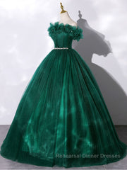 Green tulle off shoulder long Semi Formal Prom Dresses green tulle formal gown
