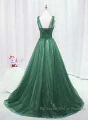 Green Tulle V Neck Beading Appliques Semi Formal Prom Dress