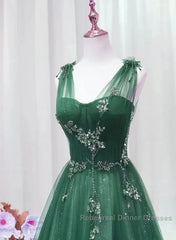 Green Tulle V Neck Beading Appliques Semi Formal Prom Dress