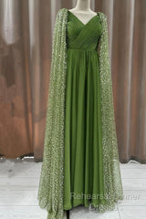 Green Tulle V-Neck Dress With Beaded Cape