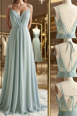 Green V Neck Chiffon Semi Formal Prom Dresses with Lace Back, Green V Neck Long Formal Evening Dresses