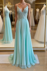 Green v neck lace chiffon long Semi Formal Prom Dresses, lace evening Dresses