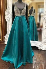 Green V Neck Sequin Long Semi Formal Prom Dress, Green Evening Dress