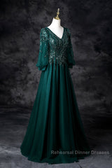 Green V-Neck Tulle Beads Long Semi Formal Prom Dress, Elegant Long Sleeve Evening Party Dress