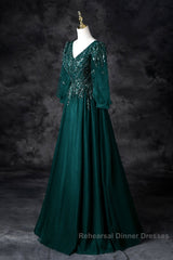 Green V-Neck Tulle Beads Long Semi Formal Prom Dress, Elegant Long Sleeve Evening Party Dress