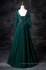 Green V-Neck Tulle Beads Long Semi Formal Prom Dress, Elegant Long Sleeve Evening Party Dress