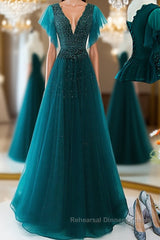 Green v neck tulle beads long Semi Formal Prom Dresses, green tulle formal Dresses