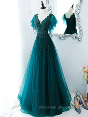 Green v neck tulle beads long Semi Formal Prom Dresses, green tulle formal Dresses