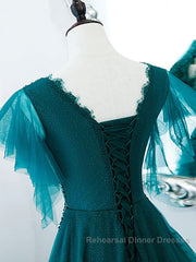 Green v neck tulle beads long Semi Formal Prom Dresses, green tulle formal Dresses