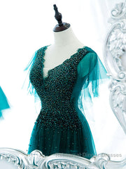 Green v neck tulle beads long Semi Formal Prom Dresses, green tulle formal Dresses