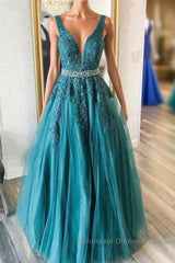 Green v neck tulle lace long Semi Formal Prom Dresses, green formal Dresses