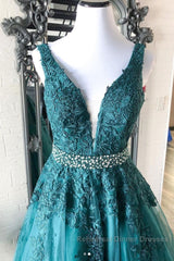 Green v neck tulle lace long Semi Formal Prom Dresses, green formal Dresses