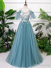 Green V Neck Tulle Lace Long Prom Dress Lace Evening Dress
