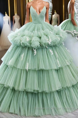 Green v neck tulle long Semi Formal Prom Dresses gown, green tulle sweet 16 Dresses
