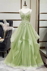 Green V-Neckline Tulle With Lace Applique Semi Formal Prom Dress, Green Layers Tulle Party Dress