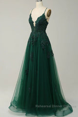 Green V-Neckline Tulle With Lace Cross Back, Green Tulle Semi Formal Prom Dress