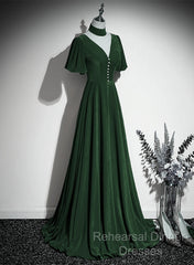 Green Velvet A-Line Short Sleeves Long Party Dress, Green Long Semi Formal Prom Dress