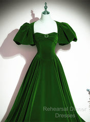 Green Velvet Backless Long Party Dress, Green Short Sleeves Formal Dress Semi Formal Prom Dress