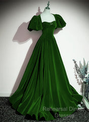 Green Velvet Backless Long Party Dress, Green Short Sleeves Formal Dress Semi Formal Prom Dress