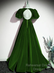 Green Velvet Backless Long Party Dress, Green Short Sleeves Formal Dress Semi Formal Prom Dress