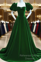 Green Velvet Backless Long Party Dress, Green Short Sleeves Formal Dress Semi Formal Prom Dress