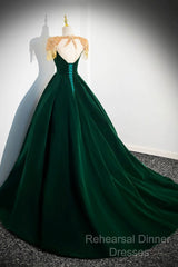 Green Velvet Beaded Long Semi Formal Prom Dress, A-Line Beautiful Evening Party Dress