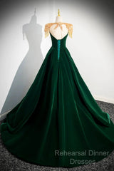 Green Velvet Beaded Long Semi Formal Prom Dress, A-Line Beautiful Evening Party Dress