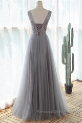 Grey A-Line Tulle With Lace Long Formal Dress V-Neckline Semi Formal Prom Dress Sleeveless December Wedding Guest Dress