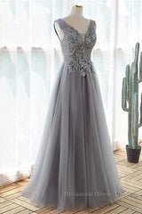 Grey A-Line Tulle With Lace Long Formal Dress V-Neckline Semi Formal Prom Dress Sleeveless December Wedding Guest Dress