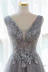 Grey A-Line Tulle With Lace Long Formal Dress V-Neckline Semi Formal Prom Dress Sleeveless December Wedding Guest Dress
