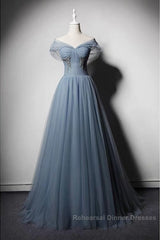 Grey-Blue Tulle Off Shoulder Beaded Long Semi Formal Prom Dress Party Dress, Long Evening Gowns