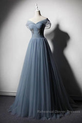 Grey-Blue Tulle Off Shoulder Beaded Long Semi Formal Prom Dress Party Dress, Long Evening Gowns