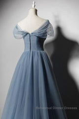 Grey-Blue Tulle Off Shoulder Beaded Long Semi Formal Prom Dress Party Dress, Long Evening Gowns