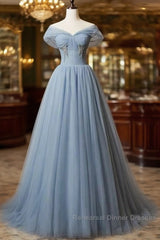 Grey-Blue Tulle Off Shoulder Beaded Long Semi Formal Prom Dress Party Dress, Long Evening Gowns