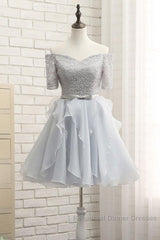 Grey Lace And Organza Homecoming Dresses, Lovely Homecoming Dresses , Short Semi Formal Prom Dress