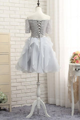 Grey Lace And Organza Homecoming Dresses, Lovely Homecoming Dresses , Short Semi Formal Prom Dress