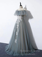 Grey Off Shoulder Straps Tulle With Lace Long Party Dress, Grey Formal Dress