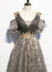 Grey Purple V-Neckline Tulle With Lace Semi Formal Prom Dress, Off Shoulder A-Line Party Dress