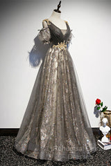 Grey Purple V-Neckline Tulle With Lace Semi Formal Prom Dress, Off Shoulder A-Line Party Dress