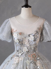 Grey Short Sleeves Tulle Ball Gown Semi Formal Prom Dress, Grey Ball Gown Sweet 16 Dress