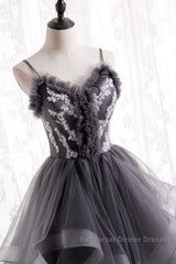 Grey Tulle Sweetheart Long Party Dress With Lace Applique, Grey Long Semi Formal Prom Dress