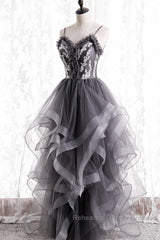 Grey Tulle Sweetheart Long Party Dress With Lace Applique, Grey Long Semi Formal Prom Dress