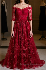 Half Sleeves Burgundy Lace Semi Formal Prom Dresses, Wine Red Half Sleeves Long Lace Formal Evening Dresses